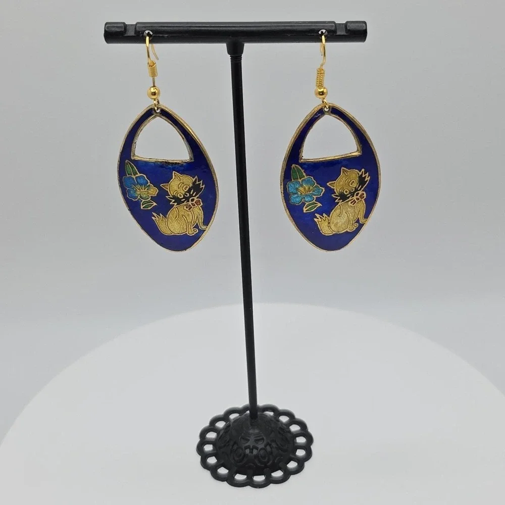 Vtg Cloisonne Kitten Cat Flower Earrings Cobalt Blue Enamel Gold‎ Dangle